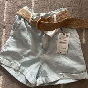 NWT- Zara Light Blue High Waist Shorts with Woven Belt